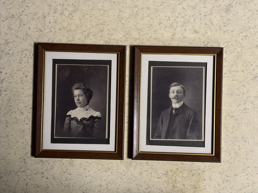 Antique Edwardian Portrait Photos Framed Pair c1900 Striped Dress Winged Collar
